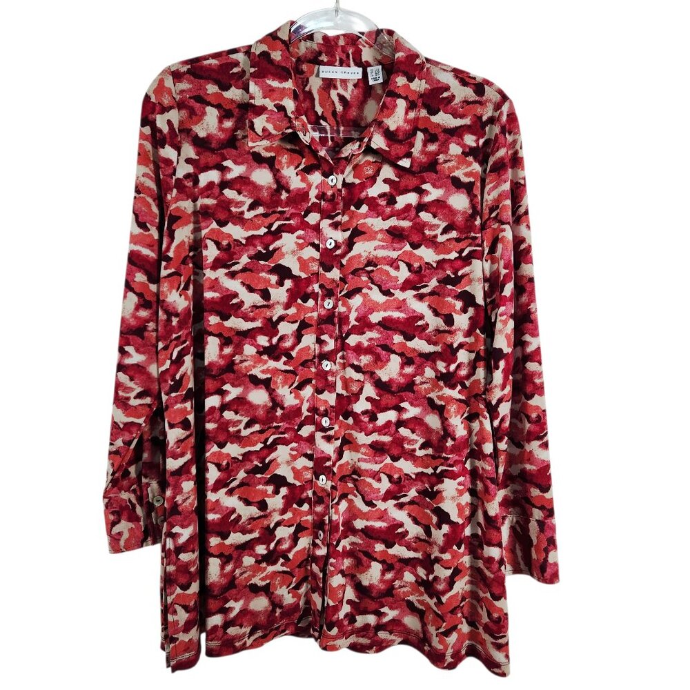 Susan Graver Liquid Knit Tunic Top Womens Petite Large Pink Camo Button Front